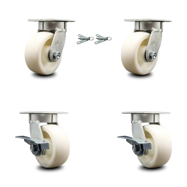 5 Inch Kingpinless Nylon Wheel Caster Swivel Locks 2 Brakes, 2PK